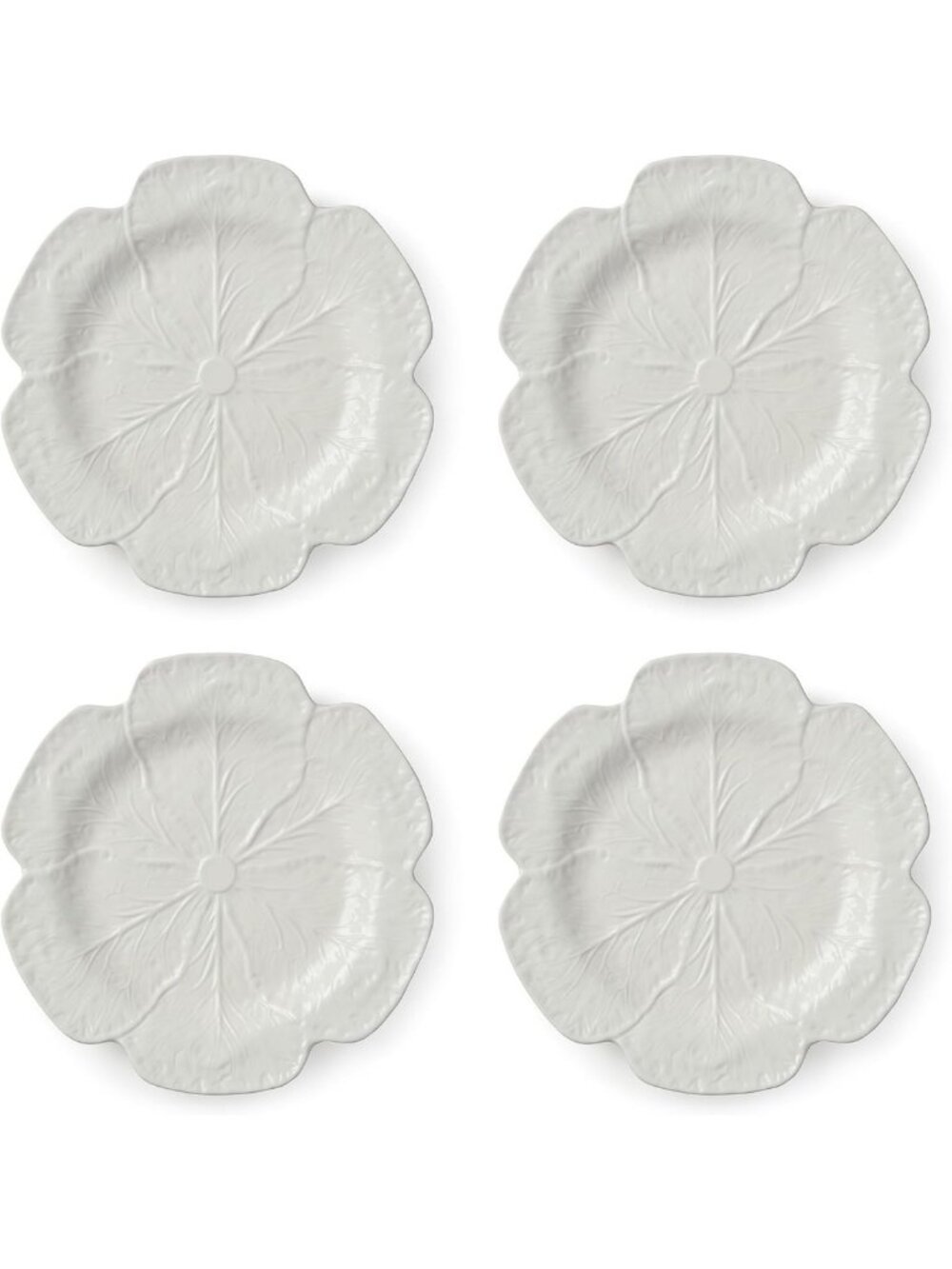 Set of 4 White Cabbage 3D Dinner Plates - Sculpted Stoneware Leaf Design for